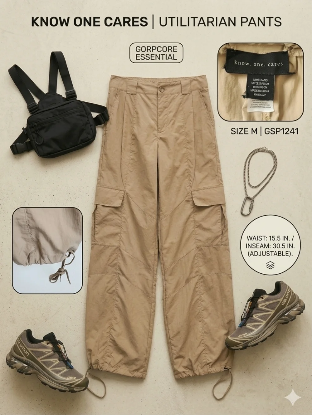 Know One Cares Tan Nylon Utility Cargo Pants | Size Medium - Picture 10 of 10
